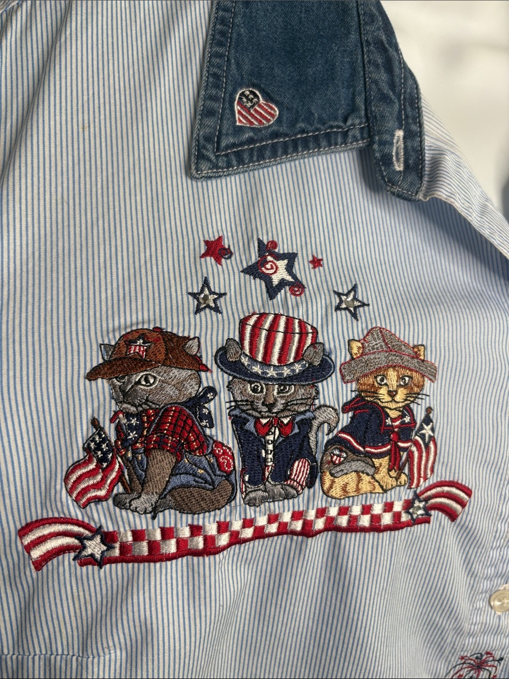Patriotic Embroidered Button-Down Shirt - Blue/White Stripe